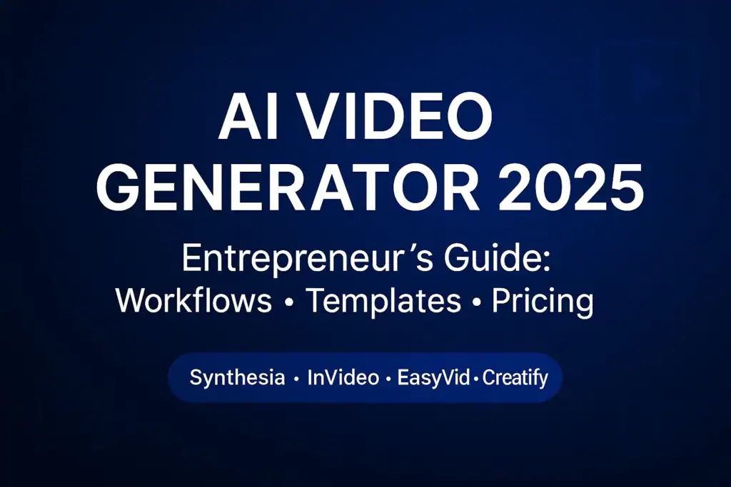 AI video generator 2025 guide banner for entrepreneurs with tools Synthesia, InVideo, EasyVid, Creatify