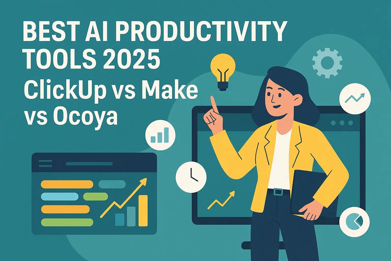 Best AI Productivity Tools 2025 with ClickUp, Make, and Ocoya logos