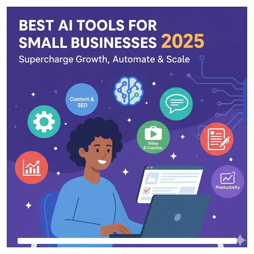 Illustration of a small business owner using a laptop surrounded by icons representing different AI tools for marketing, SEO, video, and productivity.