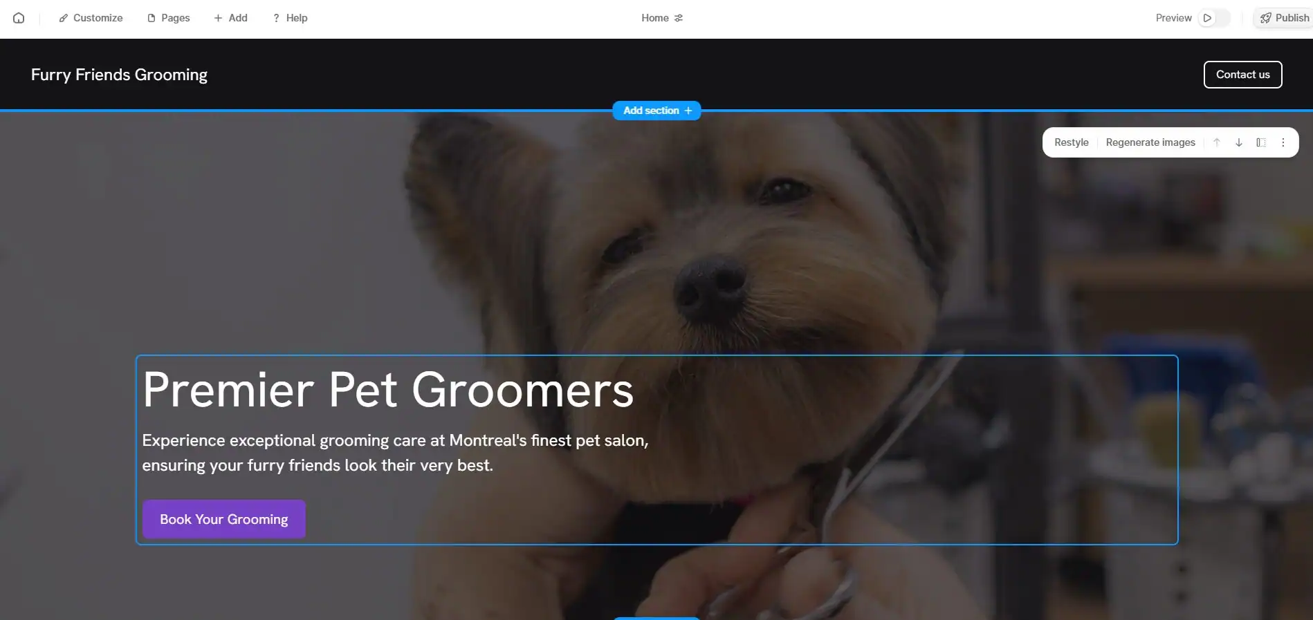 Screenshot of Durable AI’s site builder interface showing layout and built-in CRM features.