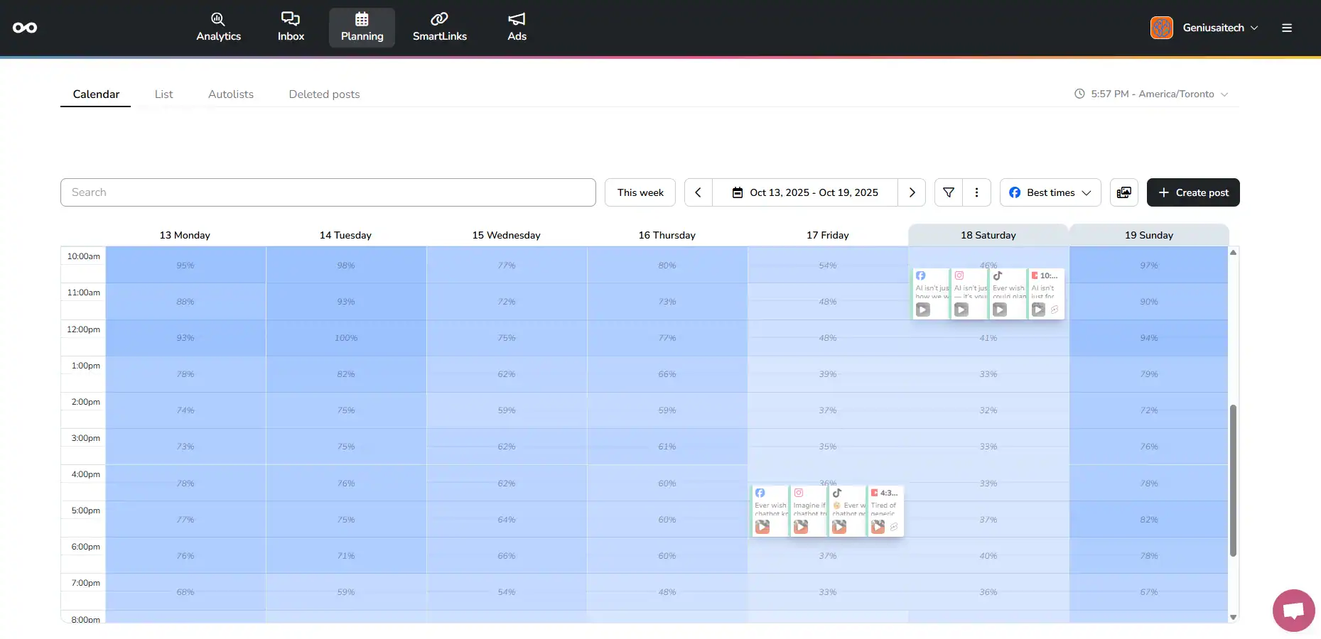 Screenshot of Metricool's unified social media calendar interface showing posts scheduled across Instagram, Facebook, and TikTok.