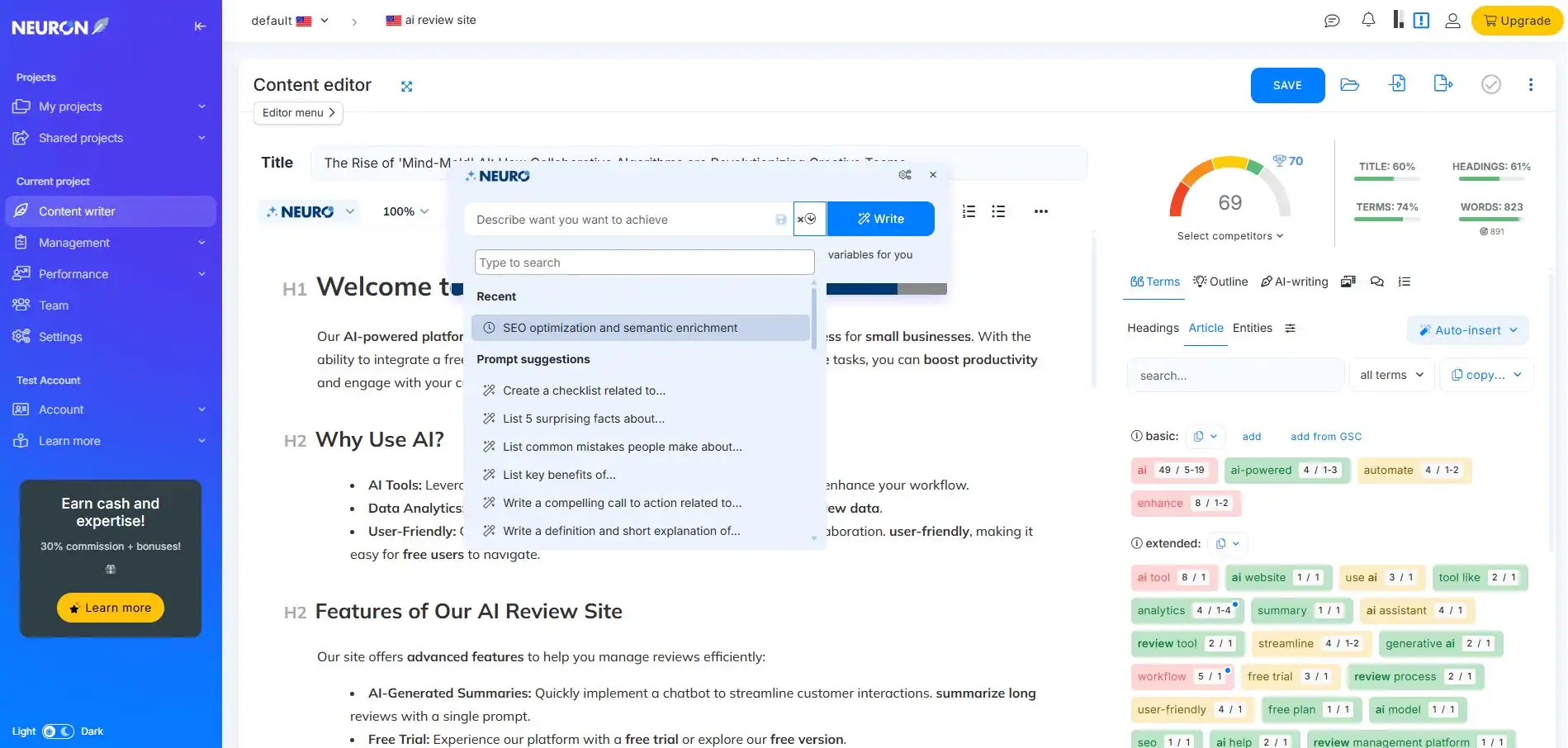 Screenshot of NeuronWriter editor with high Content Score and semantic term panel.