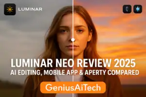 Hero banner showing a before-and-after AI photo edit using Luminar Neo, with logos for Luminar Mobile and Aperty, and the title “Luminar Neo Review 2025 – AI Editing, Mobile App & Aperty Compared.”